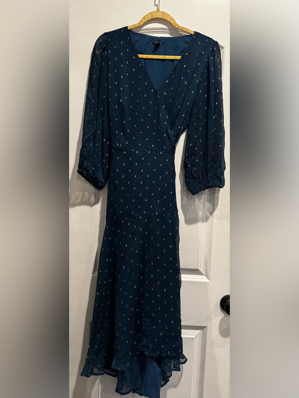 Ann Taylor Wrap Midi Dress Teal Gold Metallic Size 14